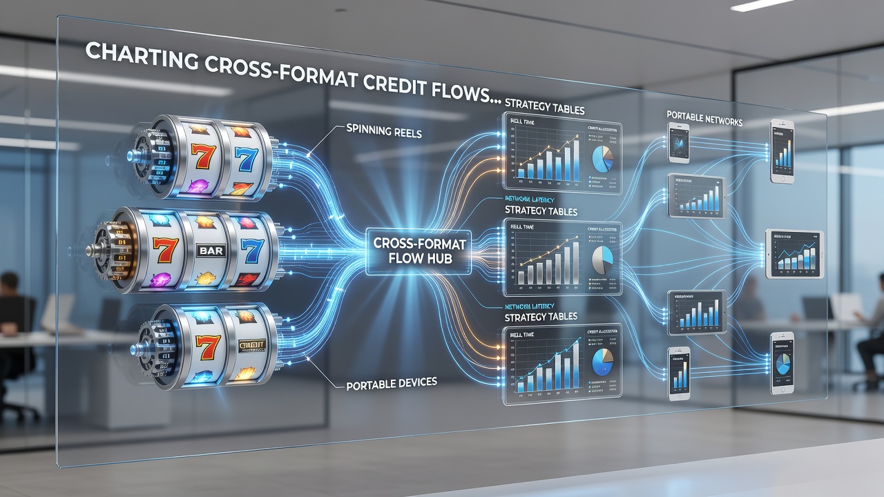 Network diagram illustrating credit flow pathways between reel spins and card tables on mobile devices