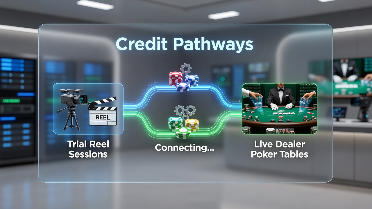 Live dealer poker table interface displaying integrated credit balance from prior reel sessions