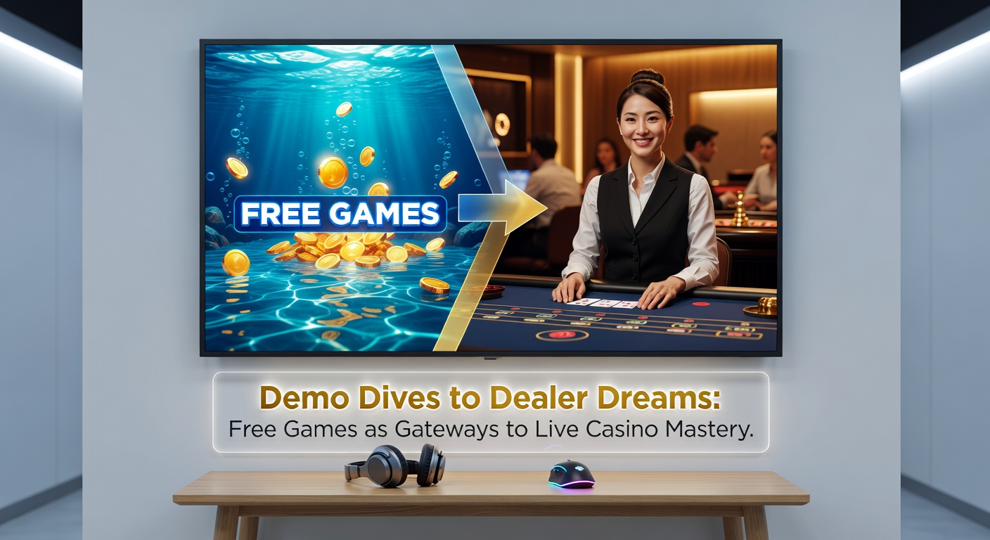 Split-screen view showing a free demo slot machine exploding with virtual wins next to a live baccarat table with a suited dealer