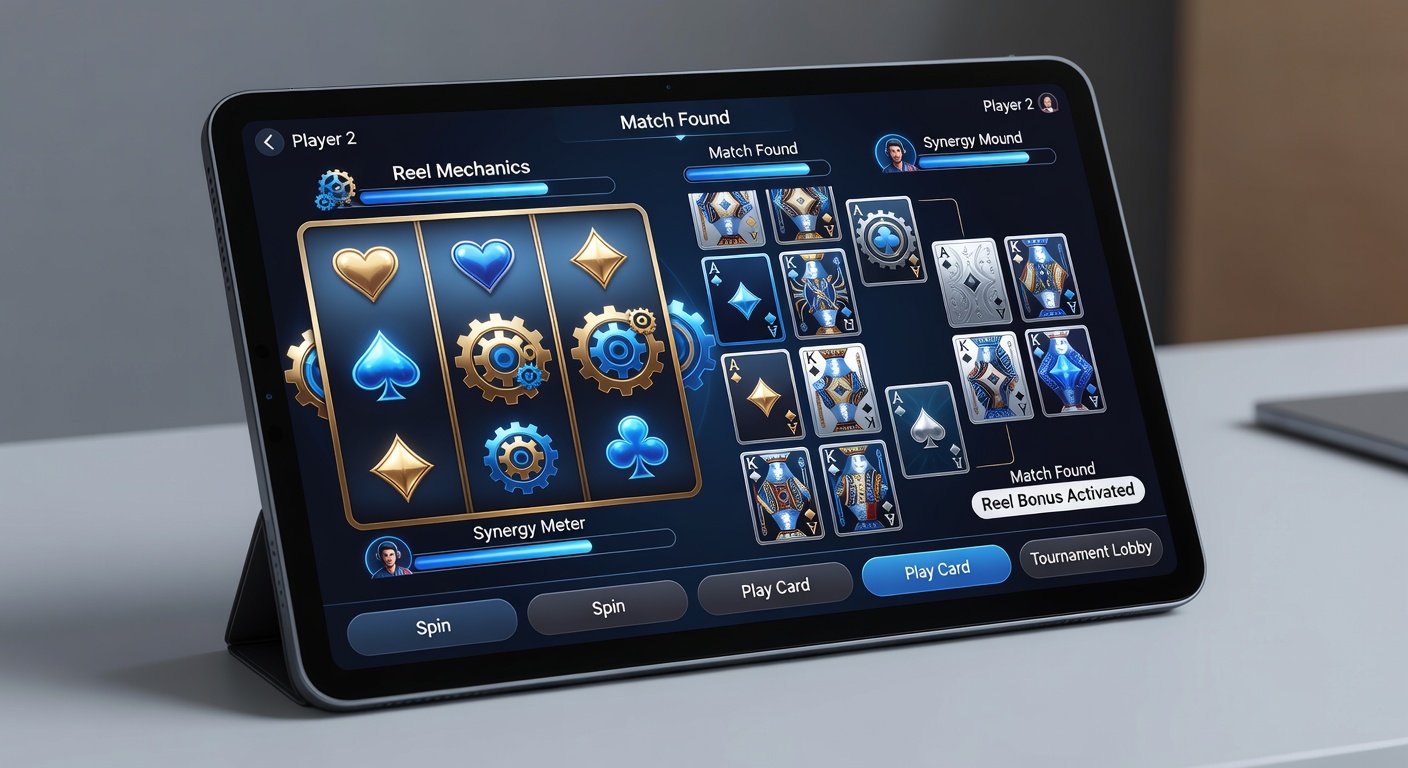 Mobile interface showing reel mechanics blended with card tournament elements on a smartphone screen
