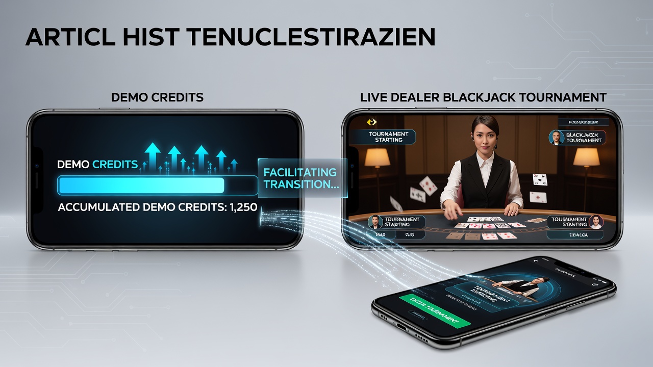 Mobile interface showing demo credit accumulation leading into a live dealer blackjack tournament