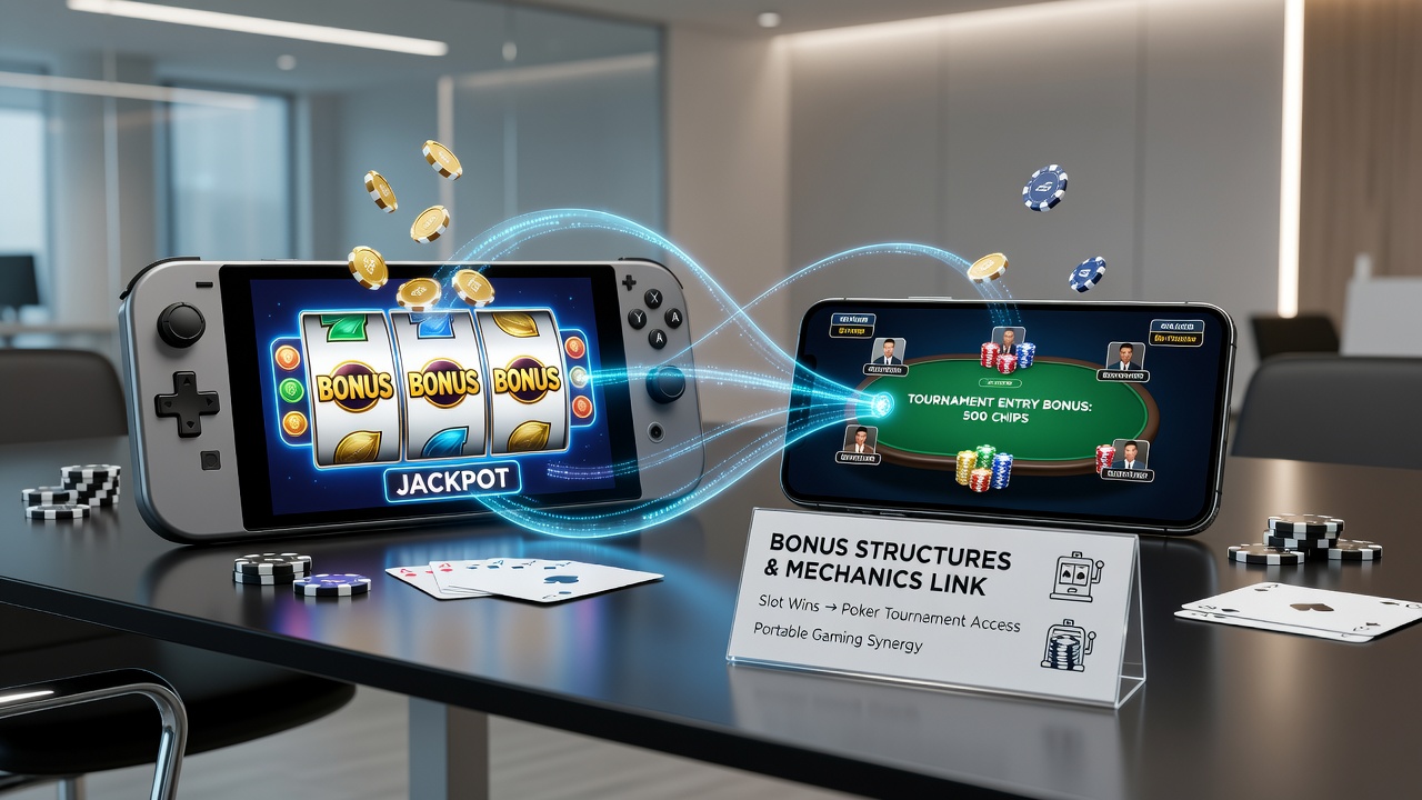 Dashboard view of bonus credit flow from slot play into poker tournament registration on a portable device