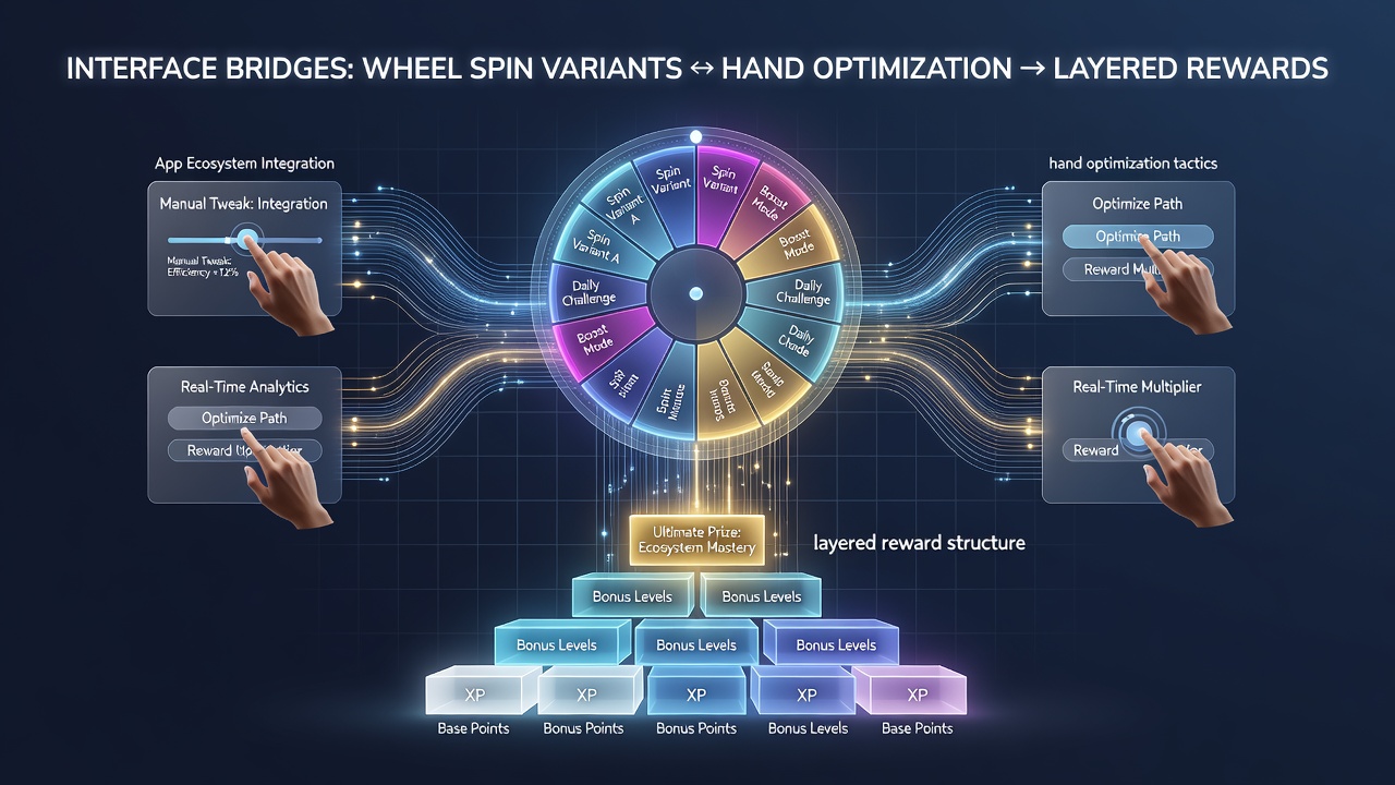 Casino app interface displaying connected slot wheel spins and card hand optimization screens with visible reward progression layers