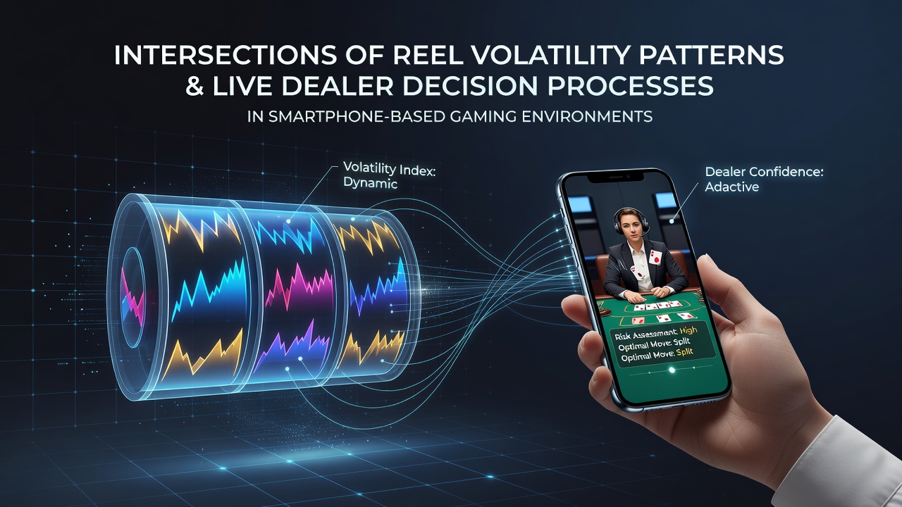 Smartphone screen displaying slot reels with volatility indicators alongside a live dealer interface during a mobile gaming session