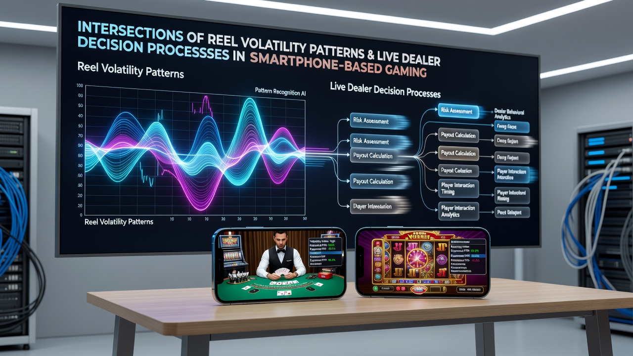 Close-up view of a smartphone showing synchronized reel outcomes and live dealer card reveals in a combined mobile gaming interface