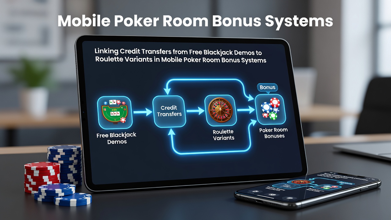 Mobile poker room screen displaying credit balance transfer options between blackjack demo mode and roulette variants