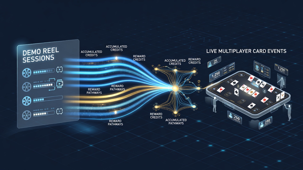 Diagram showing credit accumulation from demo reel sessions flowing into live card event reward structures