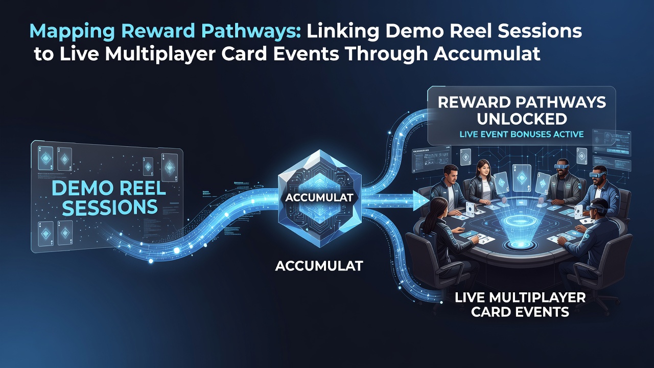 Flowchart illustrating reward pathway connections from demo reels to live card tournaments via credit systems
