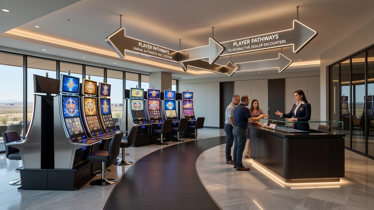 Players at a live dealer table in a regional resort casino with digital screens displaying credit transfers from nearby slot areas