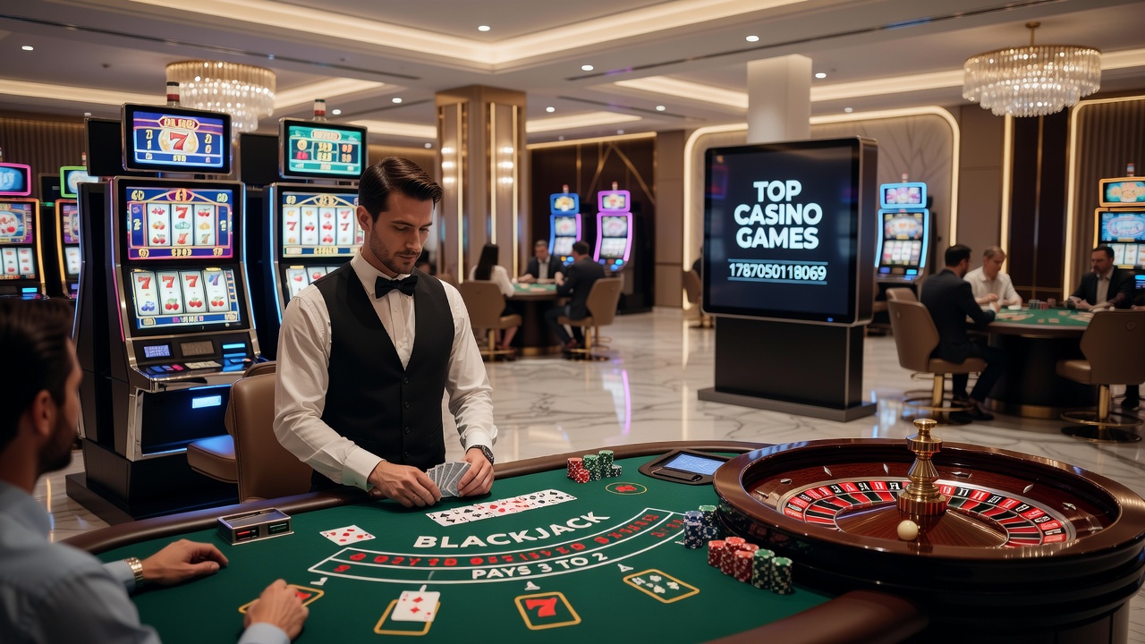 Close-up view of roulette wheel and blackjack table with chips and cards during active play