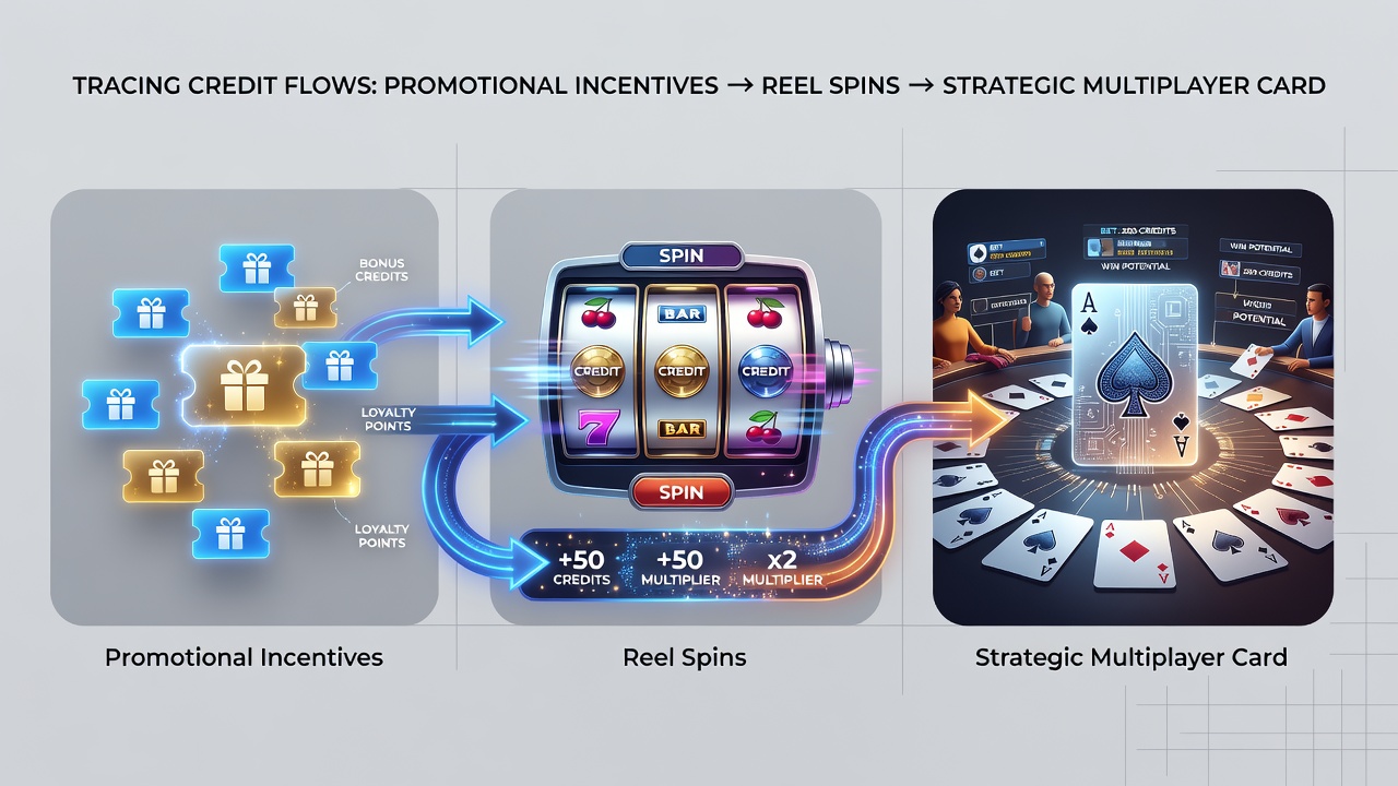 Mobile device screen showing credit transfer from slot reels to multiplayer card table interface