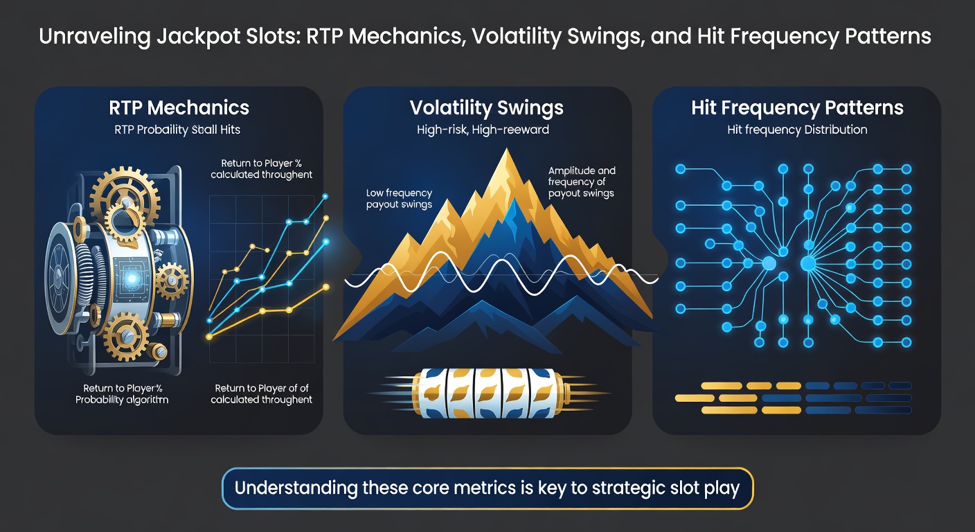 Graph depicting RTP curves, volatility waves, and hit frequency bars for various jackpot slot examples